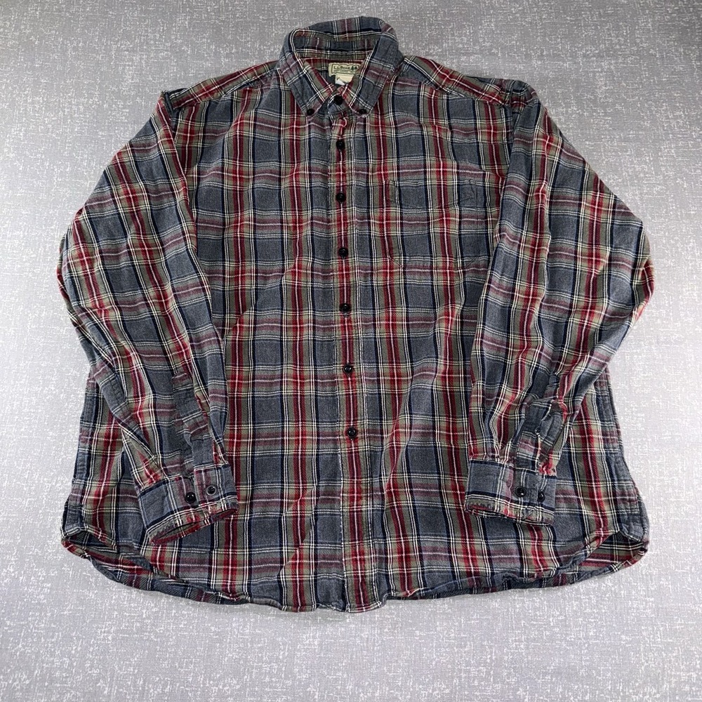 L.L. Bean Mens XL Gray Red Plaid Flannel Long Sleeve Button Up Shirt 228061